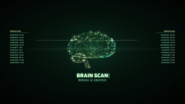 Digital brain scan visualization with data analysis and neural network connections in green tones
