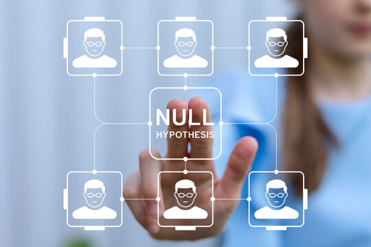 Concept of null hypothesis. Beautiful girl using virtual touchscreen presses the text NULL HYPOTHESIS.