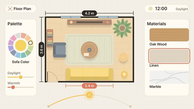Interior Design App Interface Showing Living Room Floor Plan Customization with Furniture and Color Palette, 2D Animation