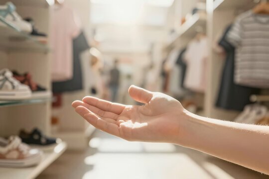 Empty outstretched palm inside bright fashion boutique, commercial retail crisis, inflation eroding purchasing power for garments, an open human hand reaching toward blurred shelves of footwear and hanging textile garments on display racks, ambient sunlight illuminating skin texture along the forearm, symbolic representation of reduced household budgets amid rising consumer price indexes, minimalist detachment from fast fashion impulse buying habits, economic uncertainty confronting traditional brick and mortar department store commerce, spatial perspective leading down a sunlit central boutique aisle, tactile gesture of requesting assistance or receiving nothing in return within lifestyle consumerism, ethical contemplation on sustainable wardrobe choices versus perpetual acquisition cycles, silent dialogue between physical retail space and financial strain on working class families, absence of tangible merchandise in the grasp emphasizing loss of monetary liquidity, AI-generated, AI generated