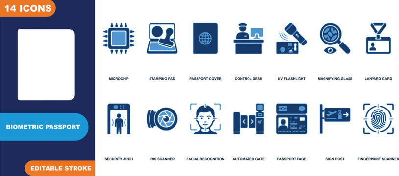 Biometric Passport Icons: A collection of modern, blue vector icons representing various aspects of biometric passport control and security, including facial recognition, fingerprint scanning.