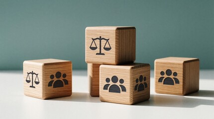 Naklejka na ściany i meble Wooden cubes with justice scale, people icons on white surface. Minimalist law concept with wooden blocks representing legal system, teamwork, social justice. Group of icons shows cooperation, human