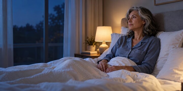 Mature woman having trouble sleeping; concepts of insomnia and women's well-being, nighttime rest, emotional health, self-care, and the pursuit of balance during this stage of adulthood.