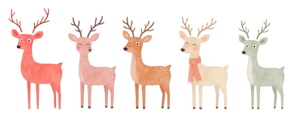 Obraz premium Set of cute PNG deer illustrations with transparent background, festive woodland style
