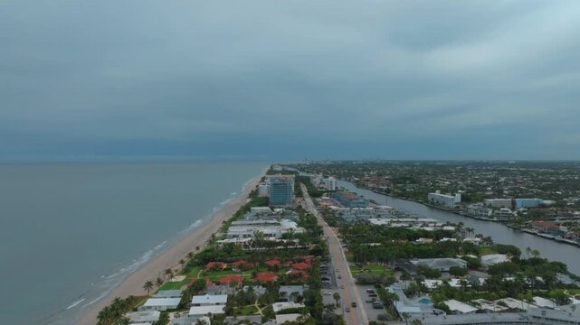 aerial drone view of Hillsboro Beach, Florida with city and ocean