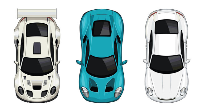 Pixel art sports cars top view set featuring white race car cyan supercar and white coupe for game