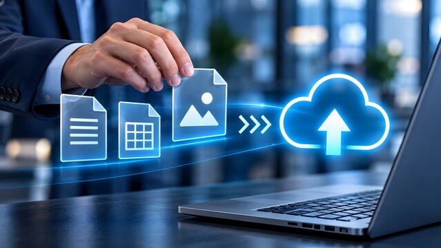 Corporate professional interacting with a futuristic virtual interface moving digital image files into a glowing blue cloud icon for secure online storage and advanced data migration.