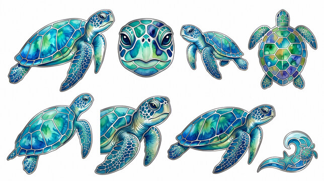 Sea turtles in various poses and angles with blue and green coloring