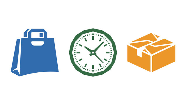 Vector illustration of shopping bag clock with delivery time delivery box for e-commerce and logistics e commerce icons package delivery icon