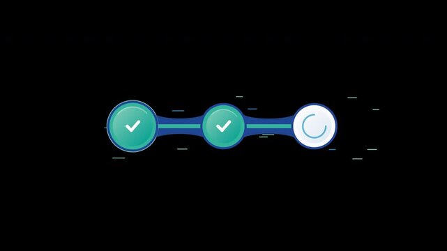 4K 2D flat vector animation of a three-stage SaaS workflow automation and data processing pipeline. Features fluid metaball connections, data energy pulses, progress spinners, and checkmark verificati