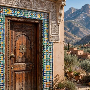 Traditional Moroccan carved wooden door with zellige tiles and Atlas mountains view - Generative AI