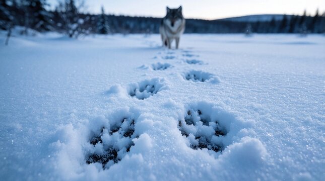 Close up of wolf paw prints in fresh white snow. Wild predator tracks lead toward blurred grey wolf walking in winter wilderness. Cold arctic landscape shows animal trail through frozen tundra during