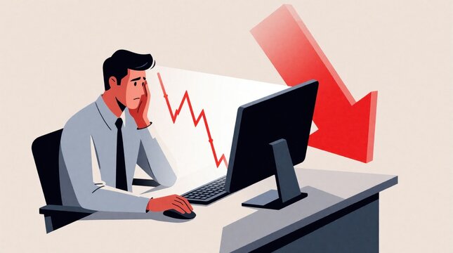 Stressed businessman sits at desk looking at computer screen. Worried male employee faces financial loss as red downward arrow, declining graph show economic recession. Pro man experiences business