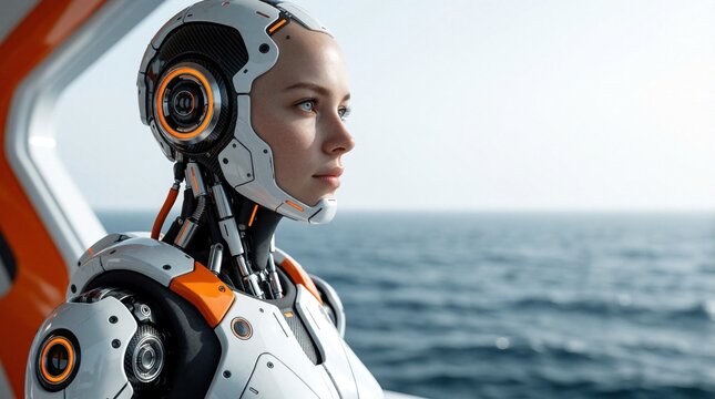Futuristic humanoid robot with realistic female face looks at blue ocean horizon. Cyborg android in white, orange tech suit stands on ship deck. Sci-fi character contemplates sea waves during calm