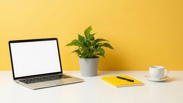 Modern mockup Minimalist workspace with laptop, plant, and coffee