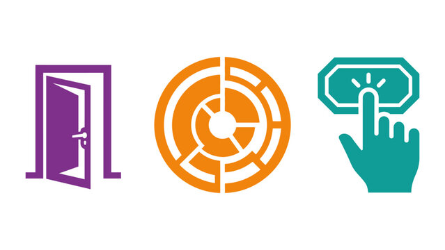Open door target with arrows hand clicking a button for opportunities goals digital interaction concepts target icon opportunity symbols