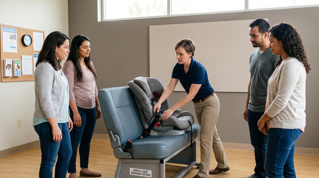 Caregivers learn child seat fitting at safety clinic