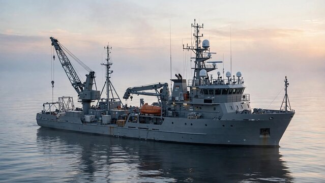 Research vessel sailing on calm seas at dawn