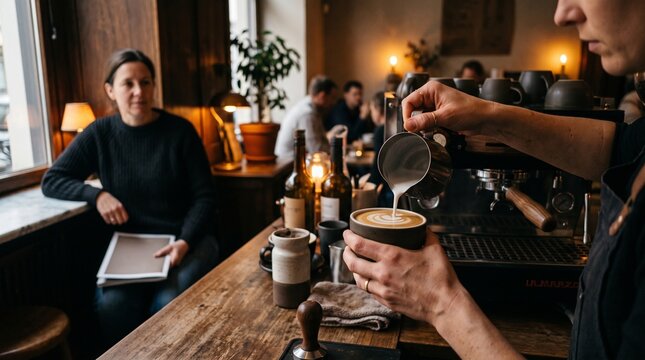 Barista pours a handmade drink for a cafe reader