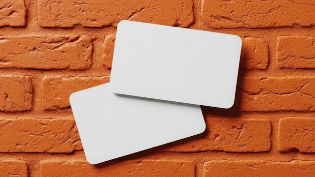 Modern mockup Two blank white cards leaning against a rustic brick wall