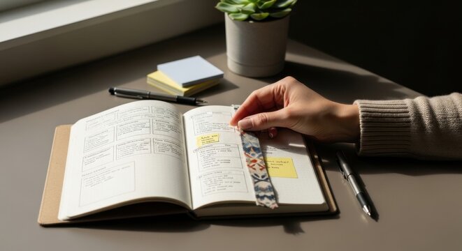 Hand placing bookmark in open journal notebook with notes and sticky notes studying or planning concept