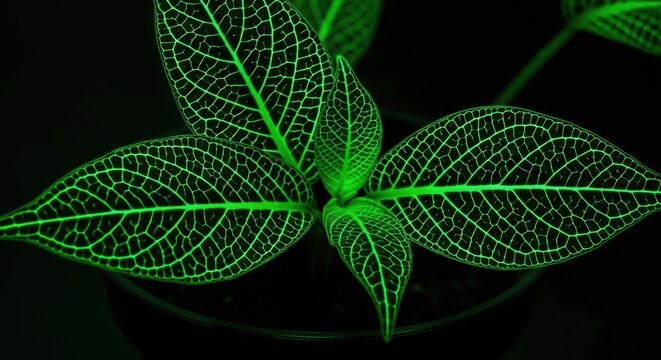 Luminous Green Veined Leaves of a Fittonia Plant Illuminated in Darkness