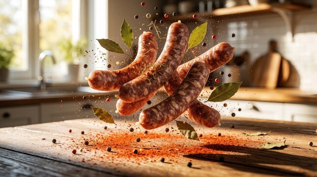 Raw meat sausages fly in air with spices over wooden table. Fresh pork bratwurst falls with bay leaves, peppercorns, paprika powder in kitchen. Dynamic food levitation motion with tasty ingredients