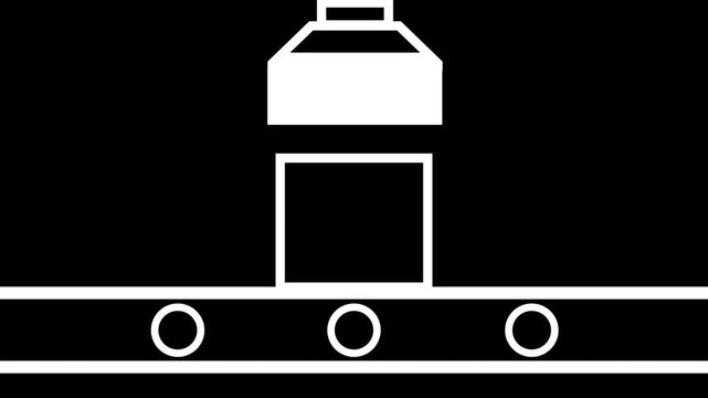 Animated illustration of a box on a conveyor belt being stamped or processed by a machine. White outline on black background.