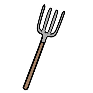 Cute cartoon pitchfork tool with wooden handle traditional agricultural garden fork illustration isolated on transparent background
