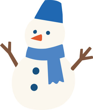 Cute Snowman with Blue Hat Flat Vector Illustration Cute minimalist snowman wearing a blue hat with blue buttons and an orange carrot nose, perfect for winter holiday cards, Christmas graphics, and ch