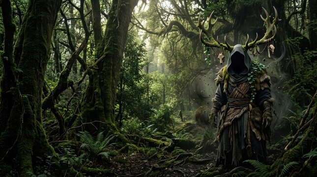 Mystical hooded druid figure with deer antlers in an ancient mossy forest, representing spiritual awakening and esoteric wisdom for fantasy storytelling