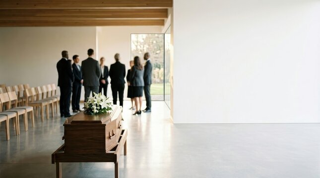 Funeral Service. Wooden casket with white flowers in a modern minimalist chapel with mourners in formal suits, somber atmosphere for memorial ceremony and bereavement support.