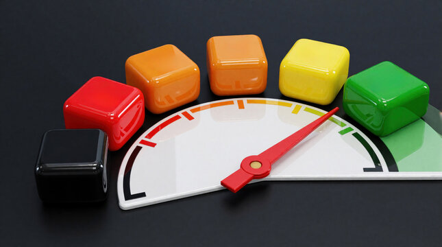 Customer satisfaction rating scale with colorful cubes, gauge meter. Red needle points to high green zone on performance indicator. Concept of quality service review, feedback assessment, business