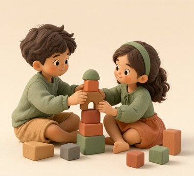 Cute clay boy and girl building a block tower together, concept of cooperation, sharing and friendship in early childhood