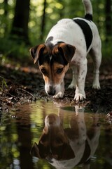 Obraz premium Small Jack Russell Terrier stands by muddy forest puddle. Cute pet dog looks at reflection in water. Brown, white puppy explores nature trail during day. Loyal companion observes surroundings in