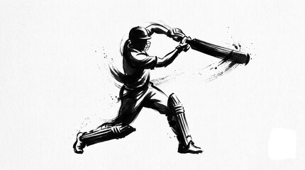 Cricket batsman striking ball silhouette in black ink brush stroke style for athletic branding. © Mehedi