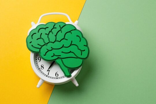 Green brain silhouette sits on top of white alarm clock. Conceptual mental health wellness symbol on yellow, green background. Idea about brain function time, sleep schedule, cognitive routine