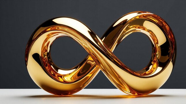 Golden infinity loop sculpture with shiny reflective surface sits on white table. Abstract metallic symbol of eternity, endlessness on dark grey background. Modern luxury art piece features liquid