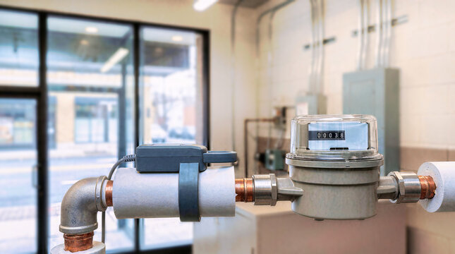 Mechanical energy meter with numeric display and clamp sensor on insulated copper pipe in a bright commercial facility. Close-up of heating system flow monitoring and utility measurement