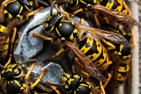 Macro shot of yellow wasp cluster on metal screw. Group of stinging insects swarm near construction hardware. Pest infestation on building structure. Close up of wasp colony with detailed wings,