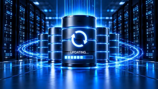 Futuristic server room featuring central glowing database cylinder with updating progress bar and synchronization arrows representing cloud storage maintenance and digital network upgrading