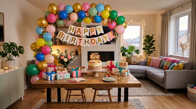 Modern living room prepared for birthday celebration with colorful balloons, cake, gifts, and warm lights for festive party gathering