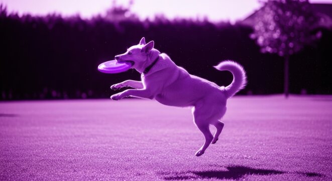Energetic dog jumping in the air catching a purple frisbee in a park with purple tinted background