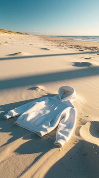 White hoodie lies abandoned on sandy beach. Lonely clothing rests on shore under bright sun. Empty sweatshirt on ocean coast during summer vacation. Concept of lost items forgotten fashion on