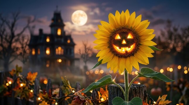 Sunflower with a carved Jack-o'-lantern face blooming in a spooky garden at night, Halloween holiday celebration background with a haunted house and full moon
