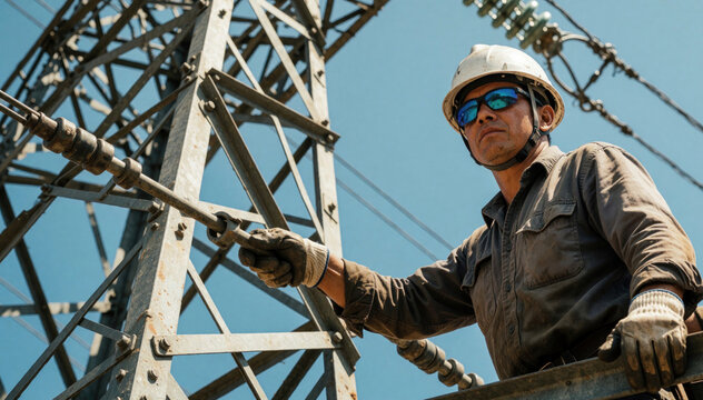 Strong muscular lineworker works on high voltage electric tower. Pro technician repairs power lines using tools at height. Male engineer wears hard hat, safety glasses for electrical maintenance job