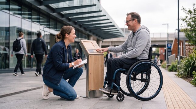 A designer kneels beside a wheelchair user as he tries an accessible information kiosk in a modern plaza. Inclusive design and hands on testing for accessibility and smart city themes.