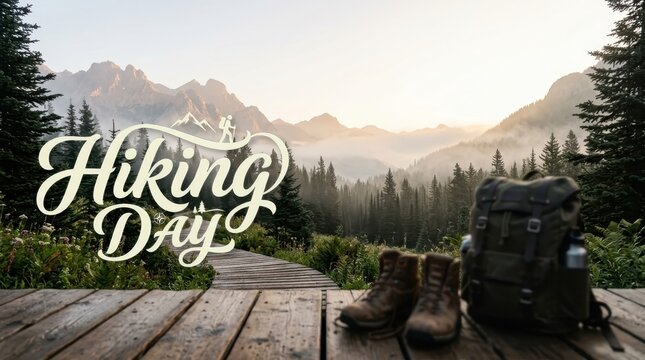 Hiking gear on a wooden boardwalk at sunrise