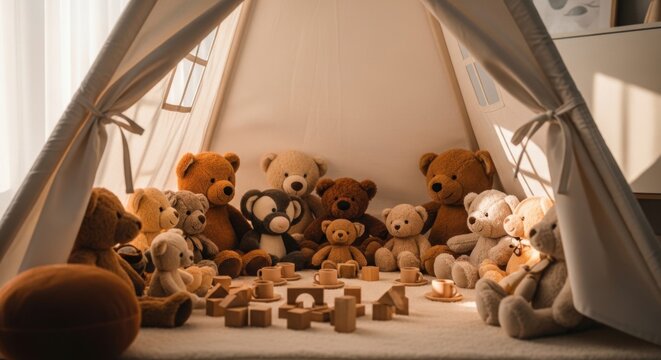 Cozy Teddy Bear Play Tent Gathering with Wooden Toys and Tea Set