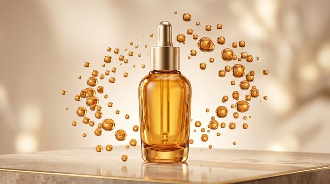 Golden serum in glass dropper bottle with floating droplets on marble surface